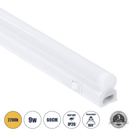 TUBO 60789 Γραμμικό Φωτιστικό Οροφής Linear LED Τύπου T5 Επεκτεινόμενο 9W 864lm 180° AC 220-240V IP20 Πάγκου Κουζίνας με Διακόπτη On/Off Μ60 x Π2.2 x Υ3.5cm Θερμό Λευκό 2700K - Λευκό - 3 Years Warranty