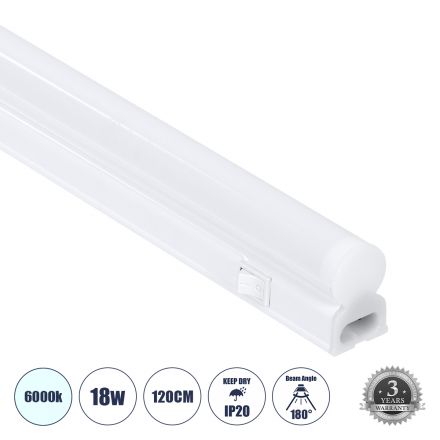 TUBO 60790 Γραμμικό Φωτιστικό Οροφής Linear LED Τύπου T5 Επεκτεινόμενο 18W 1800lm 180° AC 220-240V IP20 Πάγκου Κουζίνας με Διακόπτη On/Off Μ120 x Π2.2 x Υ3.5cm Ψυχρό Λευκό 6000K - Λευκό - 3 Years Warranty
