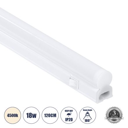 TUBO 60791 Γραμμικό Φωτιστικό Οροφής Linear LED Τύπου T5 Επεκτεινόμενο 18W 1764lm 180° AC 220-240V IP20 Πάγκου Κουζίνας με Διακόπτη On/Off Μ120 x Π2.2 x Υ3.5cm Φυσικό Λευκό 4500K - Λευκό - 3 Years Warranty