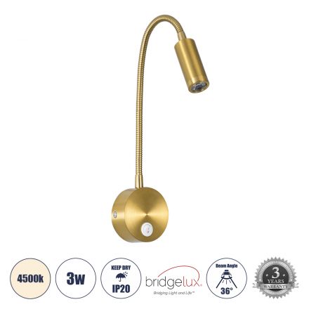 GOOSE Απλίκα Ξενοδοχείου Bed Side LED 3W 300lm 36° - Reading Light - 4500K - Χρυσό Βούρτσας