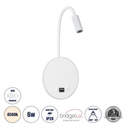 GOOSE Απλίκα Ξενοδοχείου Bed Side LED 6W 600lm 36° & 360° - Reading Light & 360° Κρυφός Φωτισμός - Φορτιστής USB 3A - 4500K - Λευκό