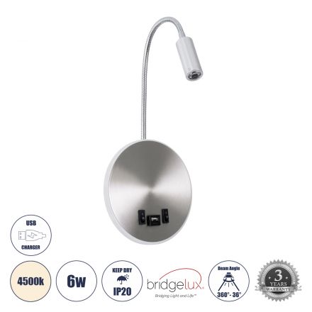 GOOSE Απλίκα Ξενοδοχείου Bed Side LED 6W 600lm 36° & 360° - Reading Light & 360° Κρυφός Φωτισμός - Φορτιστής USB 3A - 4500K - Ασημί Νίκελ