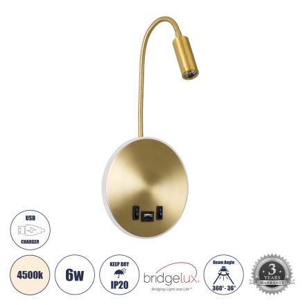 GOOSE Απλίκα Ξενοδοχείου Bed Side LED 6W 600lm 36° & 360° - Reading Light & 360° Κρυφός Φωτισμός - Φορτιστής USB 3A - 4500K - Χρυσό Βούρτσας