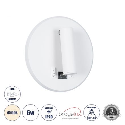 LADY-R Φωτιστικό Τοίχου - Απλίκα Ξενοδοχείου LED 6W 600lm 36° & 360° - Φορτιστής USB 3A - Φ15 x Υ7cm - 4500K - Λευκό 