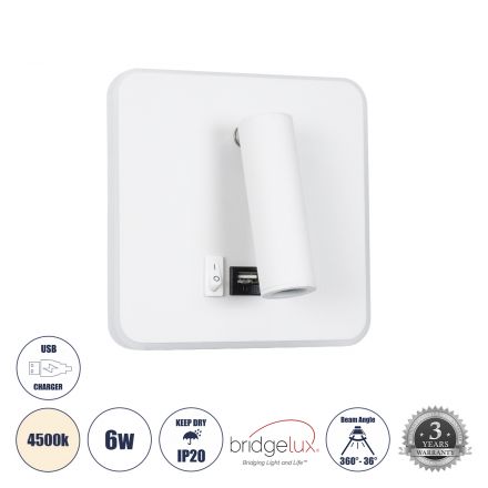 LADY-S Απλίκα Ξενοδοχείου LED 6W 600lm 36° & 360°  - Φορτιστής USB 3A - Μ15 x Π15 x Υ7cm - 4500K - Λευκό  