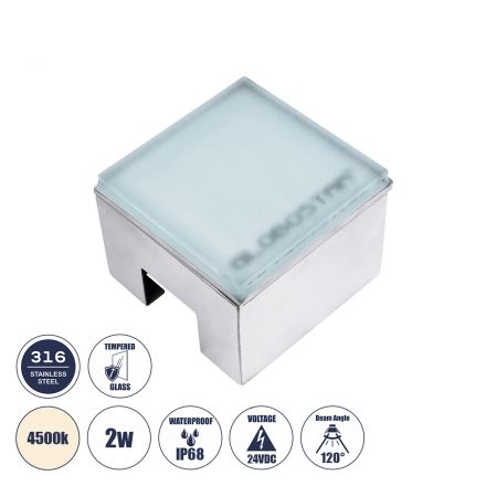 CYBOLITHOS Χωνευτό Φωτιστικό Δαπέδου LED 2W 265lm 120° DC 24V - IP68 - 4500K Dimmable - Tempered Γαλακτερό Γυαλί & Ανοξείδωτο Ατσάλι - Bridgelux Chip