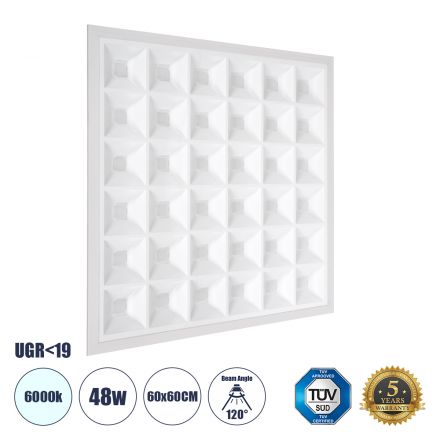 ZEUS Χωνευτό LED Panel 60x60cm 48W 7440lm 120° CRI≥86Ra UGR<19 Anti-Glare Shield Diffuser - IP44 - 6000K - Bridgelux High Lumen Chips