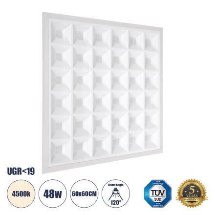 ZEUS Χωνευτό LED Panel 60x60cm 48W 7200lm 120° CRI≥86Ra UGR<19 Anti-Glare Shield Diffuser - IP44 - 4500K - Bridgelux High Lumen Chips