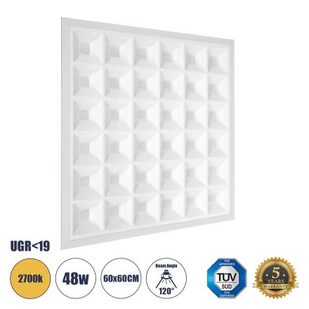 ZEUS Χωνευτό LED Panel 60x60cm 48W 6960lm 120° CRI≥86Ra UGR<19 Anti-Glare Shield Diffuser - IP44 - 2700K - Bridgelux High Lumen Chips 