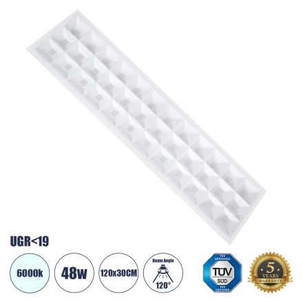 ZEUS Χωνευτό LED Panel 120x30cm 48W 7440lm 120° CRI≥86Ra UGR<19 Anti-Glare Shield Diffuser - IP44 - 6000K - Bridgelux High Lumen Chips 