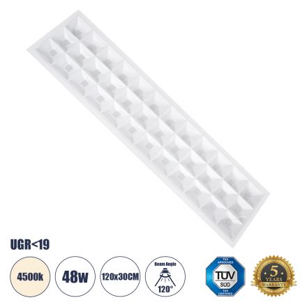 ZEUS Χωνευτό LED Panel 120x30cm 48W 7200lm 120° CRI≥86Ra UGR<19 Anti-Glare Shield Diffuser - IP44 - 4500K - Bridgelux High Lumen Chips
