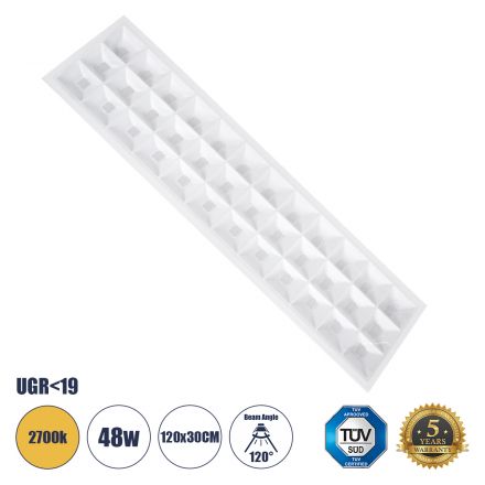 ZEUS Χωνευτό LED Panel 120x30cm 48W 6960lm 120° CRI≥86Ra UGR<19 Anti-Glare Shield Diffuser - IP44 - 2700K - Bridgelux High Lumen Chips