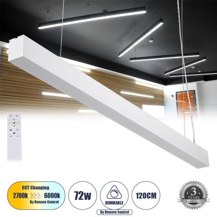 ORION 61031-P Γραμμικό Κρεμαστό Φωτιστικό Linear LED CCT 72W 8600lm 120° AC 220-240V Μ120 x Π5.5 x Υ7cm - Εναλλαγή Φωτισμού μέσω Τηλεχειριστηρίου All In One Ψυχρό 6000k+Φυσικό 4500k+Θερμό 2700k Dimmable - Λευκό - 3 Years Warranty