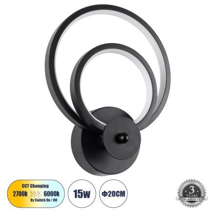 FREDDIE Απλίκα Design LED 15W 1800lm 300° 3CCT - Εναλλαγή Φωτισμού μέσω Διακόπτη On/Off All In One - Μαύρο