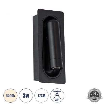 MANHATTAN Απλίκα Ξενοδοχείου Bed Side LED 3W 405lm 36° - Reading Light - 4500K - Μαύρο