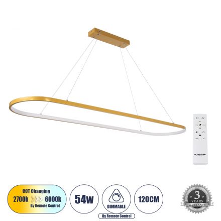 BOLIVAR 61274 Κρεμαστό Φωτιστικό Οροφής Design LED CCT 54W 6210lm 300° AC 220-240V - Εναλλαγή Φωτισμού μέσω Τηλεχειριστηρίου All In One Ψυχρό 6000k+Φυσικό 4500k+Θερμό 2700k Dimmable Μ120 x Π30 x Υ2cm - Χρυσό Βούρτσας - 3 Years Warranty