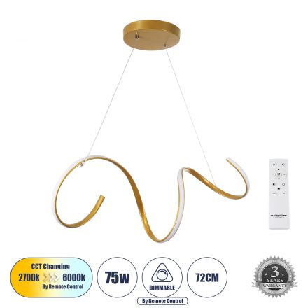 SPIRALE 61286 Κρεμαστό Φωτιστικό Οροφής Design LED CCT 75W 8400lm 300° AC 220-240V - Εναλλαγή Φωτισμού μέσω Τηλεχειριστηρίου All In One Ψυχρό 6000k+Φυσικό 4500k+Θερμό 2700k Dimmable Μ72 x Π25 x Υ18cm - Χρυσό Βούρτσας - 3 Years Warranty
