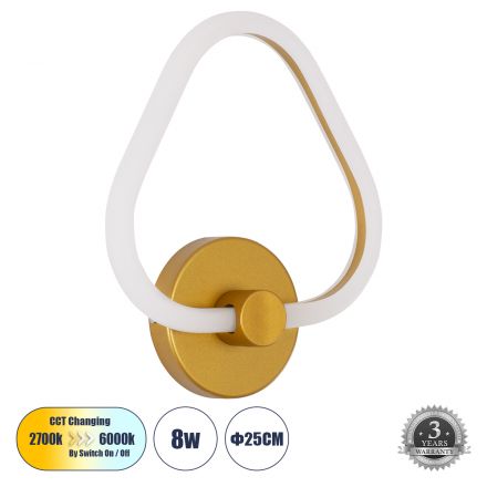 REGINA Απλίκα Design LED 8W 360° 3CCT μέσω Διακόπτη On/Off All In One - Χρυσό