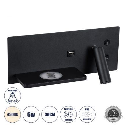 PALADIN Απλίκα Ξενοδοχείου Bed Side LED 6W 720lm 36° - Reading Light & Κρυφός Φωτισμός - Φορτιστές USB 3A & Wireless 20W - 4500K - Μαύρο - Αριστερό