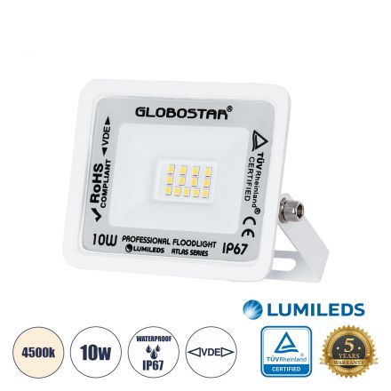 ATLAS Επαγγελματικός Προβολέας LED 10W 1200lm 120° - IP67 - Λευκό - 4500K 