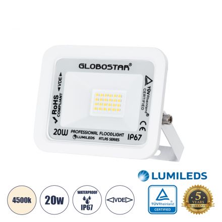 ATLAS Επαγγελματικός Προβολέας LED 20W 2400lm 120° - IP67 - Μ12 x Π2.5 x Υ9.5cm - Λευκό - 4500K 