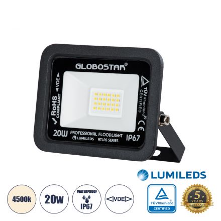 ATLAS Επαγγελματικός Προβολέας LED 20W 2400lm 120° - IP67 - Μαύρο - 4500K 