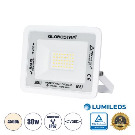 ATLAS Επαγγελματικός Προβολέας LED 30W 3600lm 120° - IP67 - Λευκό - 4500K