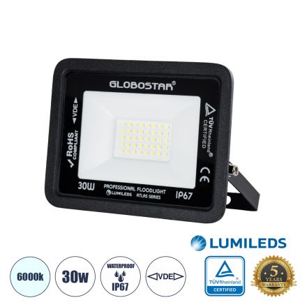ATLAS Επαγγελματικός Προβολέας LED 30W 3750lm 120° - IP67 - Μαύρο - 6000K 