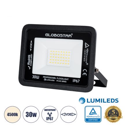 ATLAS Επαγγελματικός Προβολέας LED 30W 3600lm 120° - IP67 - Μαύρο - 4500K