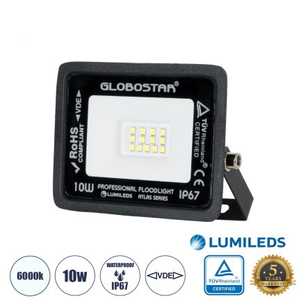 ATLAS Επαγγελματικός Προβολέας LED 10W 1250lm 120° - IP67 - Μαύρο - 6000K 