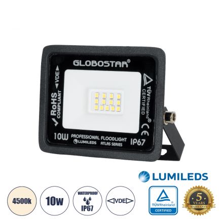 ATLAS Επαγγελματικός Προβολέας LED 10W 1200lm 120° - IP67 - Μαύρο - 4500K 