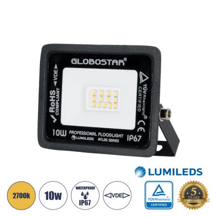 ATLAS Επαγγελματικός Προβολέας LED 10W 1150lm 120° - IP67 - Μαύρο - 2700K 