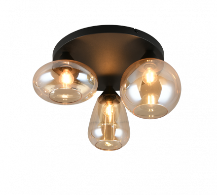 Trio Lighting Πλαφονιέρα 3xE14 LUMINA Μέταλλο-Γυαλί Μαύρο Ματ-Amber