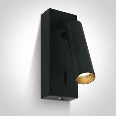One Light Επίτοιχο Σποτ LED 3W USB 3000Κ 36° Αλουμίνιο Μαύρο/Brass IP20 230V