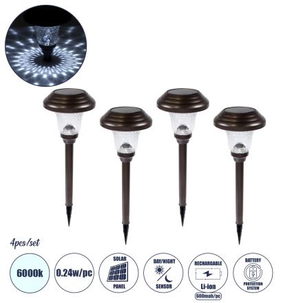 ΣΕΤ 4 Τεμαχίων Ηλιακά Φωτιστικά LED 0.24W/Τεμ. - Μπαταρία 600mAh - Φωτοβολταϊκό Πάνελ με Αισθητήρα Ημέρας-Νύχτας - IP65- Στρογγυλό -6000K Φ12 x Υ23cm