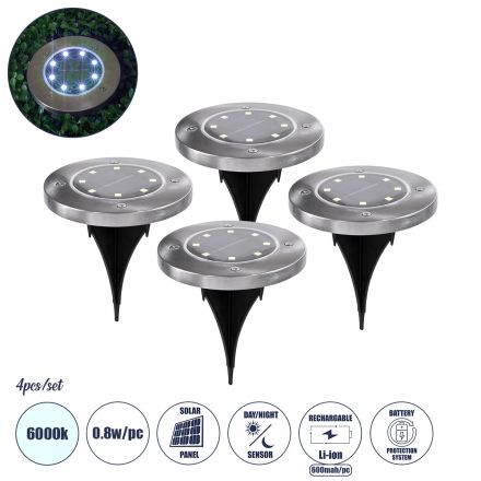 ΣΕΤ 4 Τεμαχίων Ηλιακά Φωτιστικά LED 0.80W/Τεμ Μπαταρία 600mAh - Φωτοβολταϊκό Πάνελ με Αισθητήρα Ημέρας-Νύχτας - IP65 - 6000K Φ12 x Υ13cm