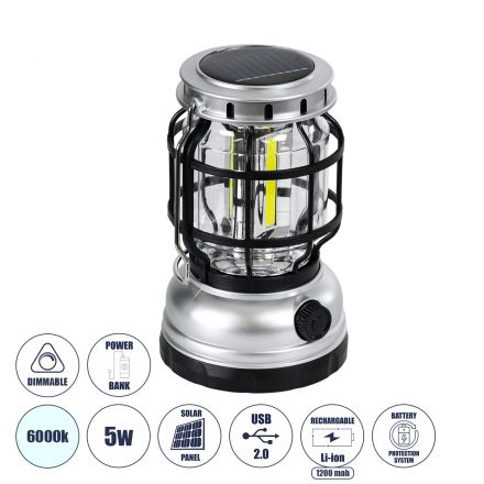 Ηλιακό Επαναφορτιζόμενο Φανάρι Camping LED 5W με Επαναφορτιζόμενη Μπαταρία 18650 1200mAh Li-ion - Power Bank - IP54 - Dimmable - Μαύρο Ασημί - 6000K 