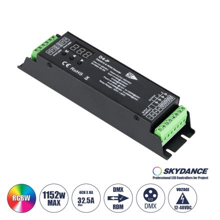 D4-P SKYDANCE DC DMX & RDM Dimmer High Speed Controller / Decoder 4 Καναλιών DC 12-48V 4 x 8A 384W - Max 32.5A 1152W - IP20 
