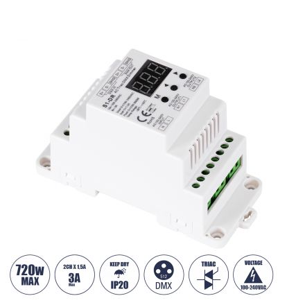 SKYDANCE AC Triac DMX Dimmer Din Rail Ράγας 2 Καναλιών - 100-240V 2 x 1.5A 360W - Max 3A 720W - IP20 DMX512 