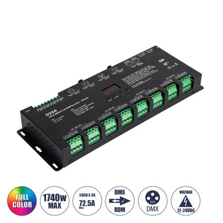 SKYDANCE DC DMX & RDM Dimmer High Speed Controller / Decoder / Master 24 Καναλιών - 12-24V 24 x 3A 72W - Max 72.5A 1740W - IP20 DMX512 