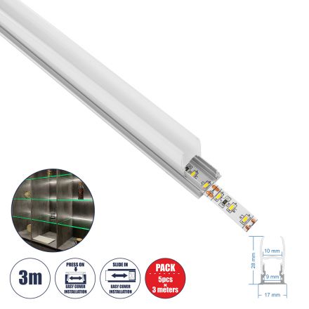 GLASSBOARD-PROFILE Προφίλ Αλουμινίου Ταινίας LED με Λευκό Γαλακτερό Κάλυμμα - Χρήση για Μοριακό Φωτισμό Γυαλιού Πάχους 10mm - Ασημί - 3 Μέτρα - Πακέτο 5 Τεμαχίων - Μ300 x Π1.7 x Υ3cm