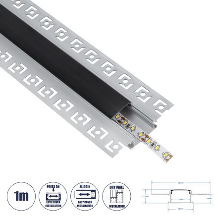 PLASTERBOARD-PROFILE Χωνευτό / Trimless Προφίλ Αλουμινίου - Βάση & Ψύκτρα Ταινίας LED με Μαύρο Φιμέ Κάλυμμα  - Ασημί - 1 Μέτρο - Μ100 x Π6.7 x Υ1.4cm