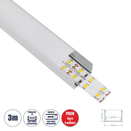 SURFACE-PROFILE Προφίλ Αλουμινίου - Βάση & Ψύκτρα Ταινίας LED με Λευκό Γαλακτερό Κάλυμμα - Ασημί - 3 Μέτρα - Πακέτο 5 Τεμαχίων - Μ300 x Π3 x Υ2cm