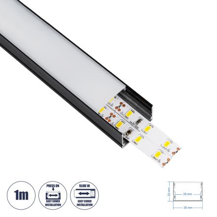 SURFACE-PROFILE Προφίλ Αλουμινίου - Βάση & Ψύκτρα Ταινίας LED με Λευκό Γαλακτερό Κάλυμμα - Μαύρο - 1 Μέτρο - Μ100 x Π3 x Υ2cm