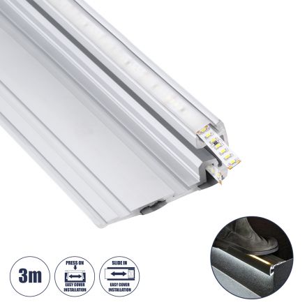 STAIR-PROFILE Προφίλ Αλουμινίου - Βάση & Ψύκτρα Ταινίας LED με Γαλακτερό Κάλυμμα - Χρήση σε Σκαλοπάτια - Πατητό Κάλυμμα - Ασημί - 3 Μέτρα - Μ300 x Π8 x Υ3.2cm