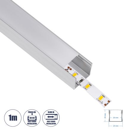SURFACE-PROFILE Προφίλ Αλουμινίου - Βάση & Ψύκτρα Ταινίας LED με Λευκό Γαλακτερό Κάλυμμα - Ασημί - 1 Μέτρο - Μ100 x Π2.3 x Υ2cm