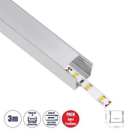 SURFACE-PROFILE Προφίλ Αλουμινίου - Βάση & Ψύκτρα Ταινίας LED με Λευκό Γαλακτερό Κάλυμμα - Ασημί - 3 Μέτρα - Πακέτο 5 Τεμαχίων - Μ300 x Π2.3 x Υ2cm
