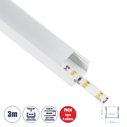SURFACE-PROFILE Προφίλ Αλουμινίου - Βάση & Ψύκτρα Ταινίας LED με Λευκό Γαλακτερό Κάλυμμα - Λευκό - 3 Μέτρα - Πακέτο 5 Τεμαχίων - Μ300 x Π2.3 x Υ2cm