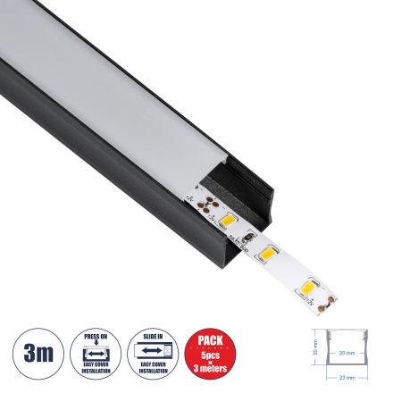 SURFACE-PROFILE Προφίλ Αλουμινίου - Βάση & Ψύκτρα Ταινίας LED με Λευκό Γαλακτερό Κάλυμμα - Μαύρο - 3 Μέτρα - Πακέτο 5 Τεμαχίων - Μ300 x Π2.3 x Υ2cm