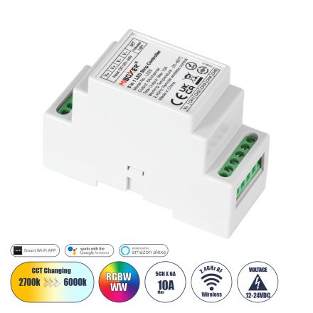 LS2S Mi-BOXER DC WiFi & RF 2.4Ghz Dimmer High Speed Controller 5 Καναλιών DC 12-24V 5 x 6A 144W - Max 10A 240W - IP20 RGBW+WW - Din Rail Ράγας 